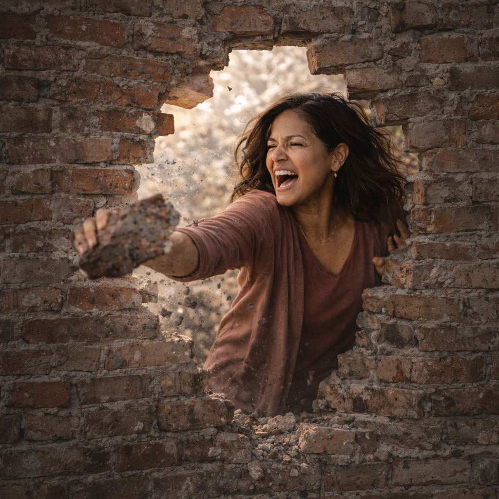 Woman breaking through a brick wall with a determined expression, debris flying as she pushes forward