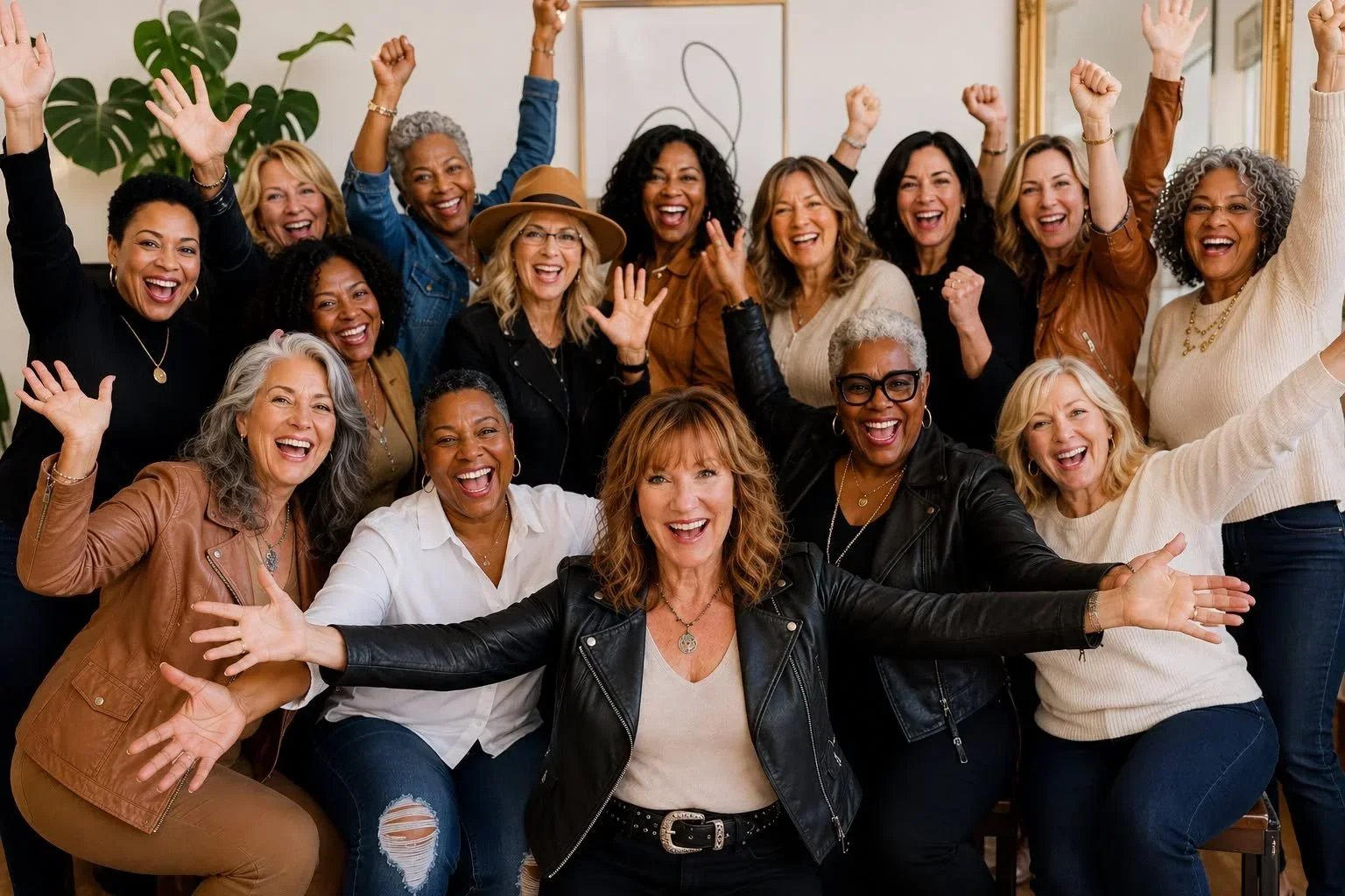 Group of diverse women smiling and celebrating with raised hands in a living room.