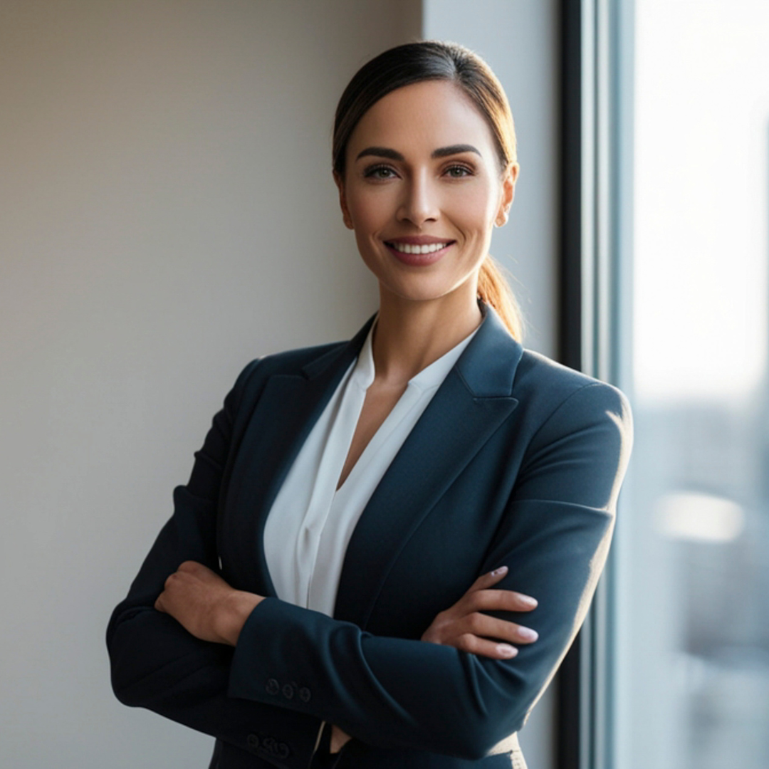 A professional woman in a navy blue blazer and white blouse standing with arms crossed near a window, smiling.