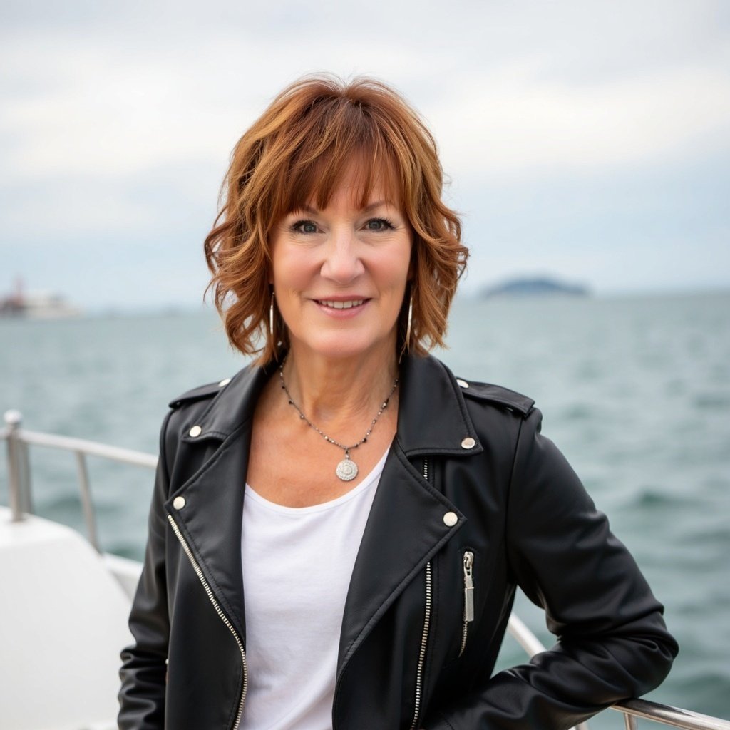 A woman with red hair smiling outdoors near a body of water, wearing a black leather jacket and a white top.