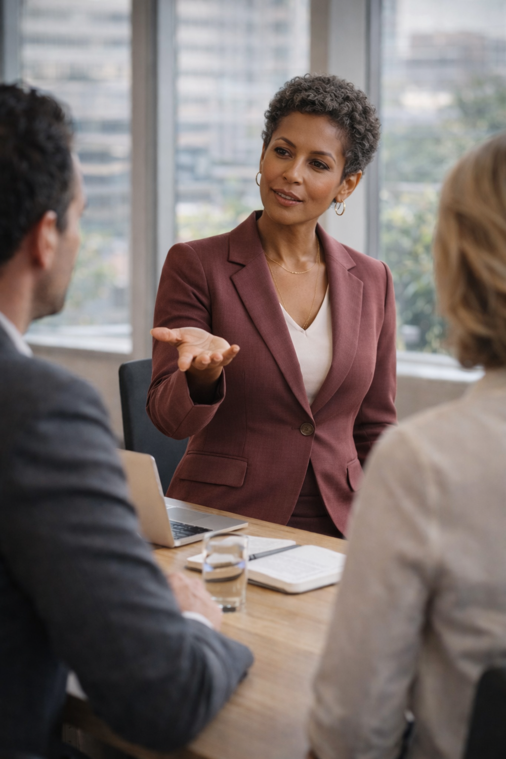 Businesswoman in maroon blazer speaking to colleagues in a meeting room with large windows.