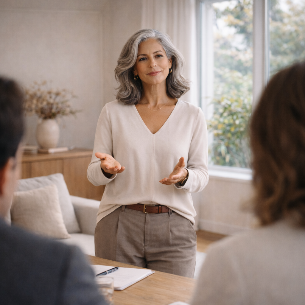 A woman with gray hair wearing a white sweater and gray pants speaking to a group in a bright room with large windows and a vase with flowers in the background.