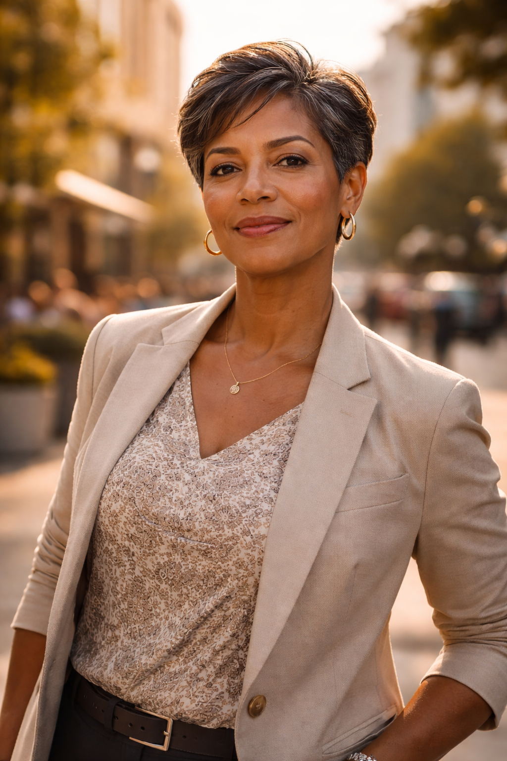 A confident woman with short hair, wearing a beige blazer over a patterned top, standing outdoors on a city street during golden hour.