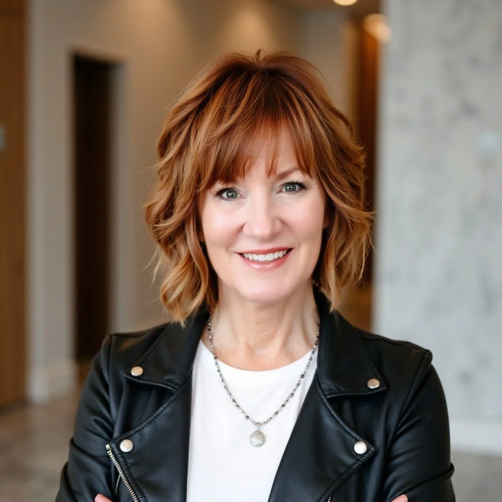 A woman with shoulder-length red hair smiling at the camera, wearing a black leather jacket, a white shirt, and a necklace, indoors with a blurred background of a hallway.