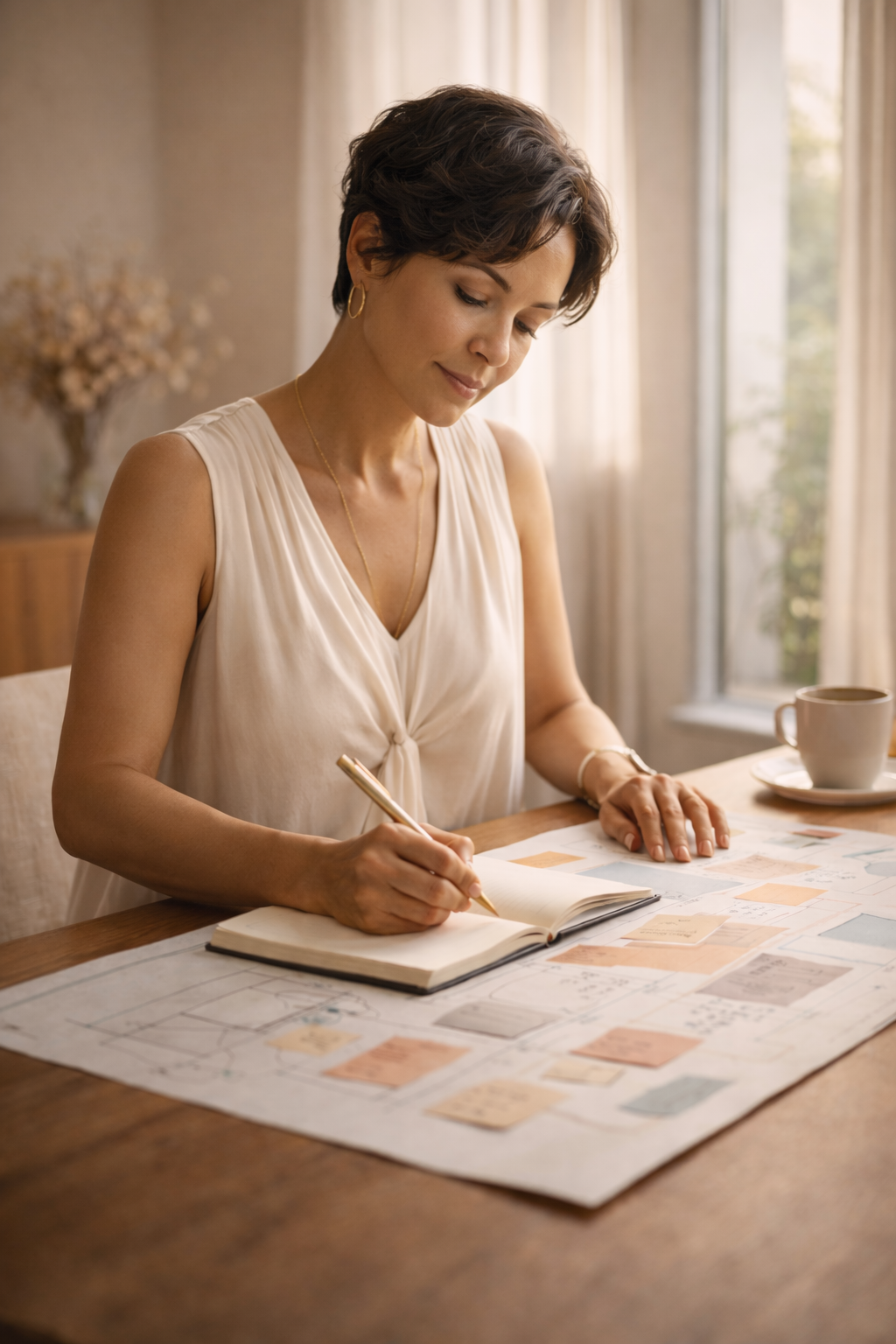 A woman with short dark hair writing in a notebook at a dining table, surrounded by papers and a cup of coffee in a sunlit room.