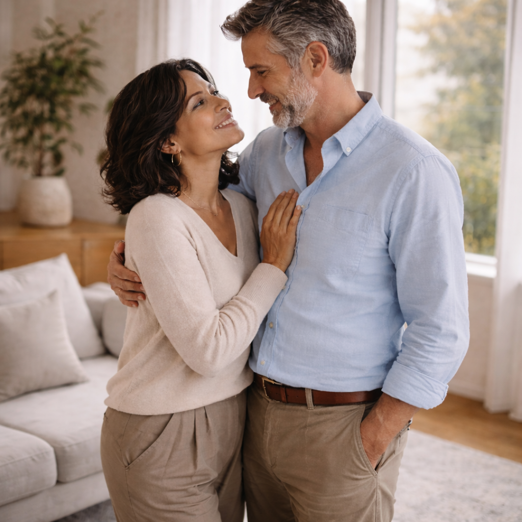 A middle-aged couple in a cozy living room, smiling at each other affectionately, with the woman touching the man's chest.