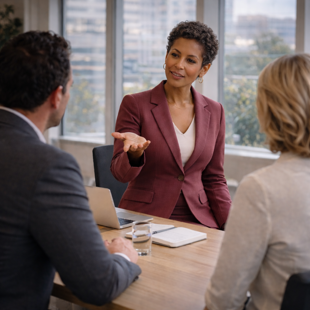 A woman in a burgundy blazer speaking to two seated colleagues in a conference room with large windows and a cityscape background.