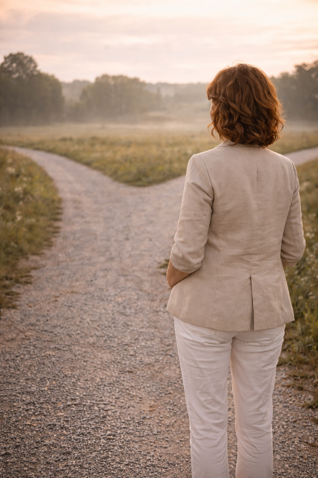 A woman with curly brown hair wearing a beige blazer and white pants, standing on a gravel path in a field during sunrise or sunset, looking into the distance.