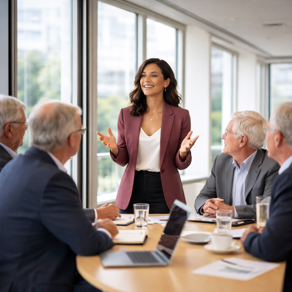 A mature woman with gray hair, wearing a beige sweater and light brown pants, speaking to a group in a well-lit room with large window and a wooden table.