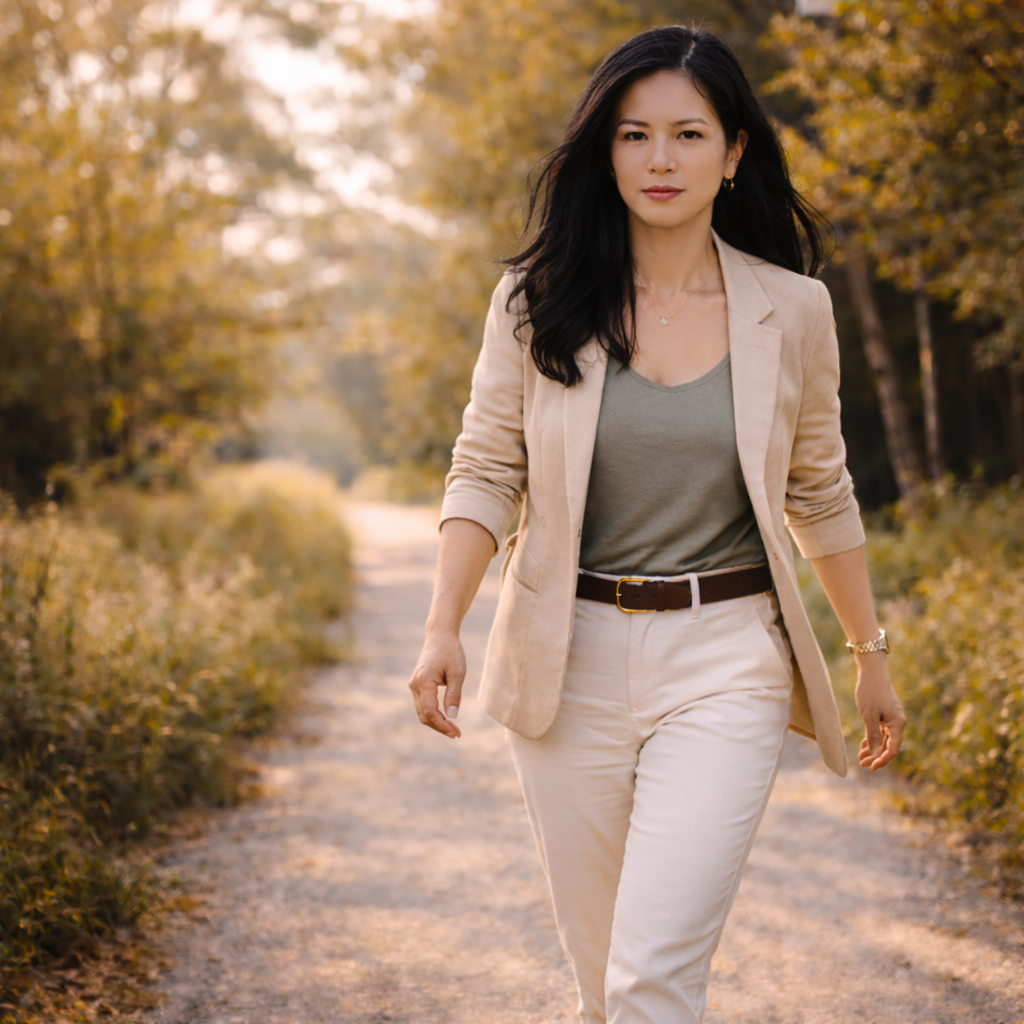 A woman walking on a dirt path in a park during autumn with trees in fall foliage