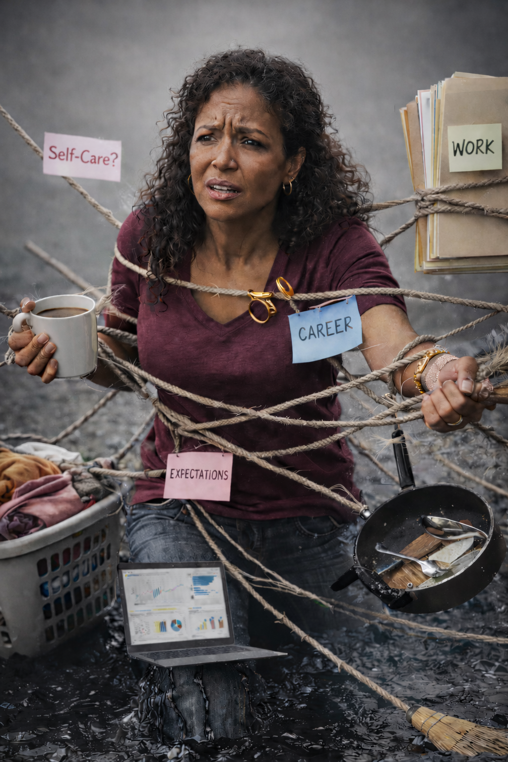 A woman is tangled in ropes labeled 'Self-Care?', 'Expectations', 'Work', 'Career' and 'Whoa'. She holds a coffee mug in one hand and a pan with utensils in the other, with a laptop open in front of her, expressing frustration and confusion.