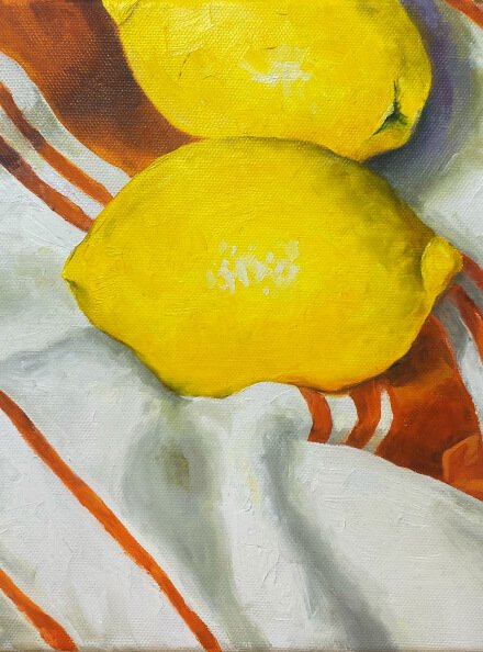  Artistic painting of bright yellow lemons 