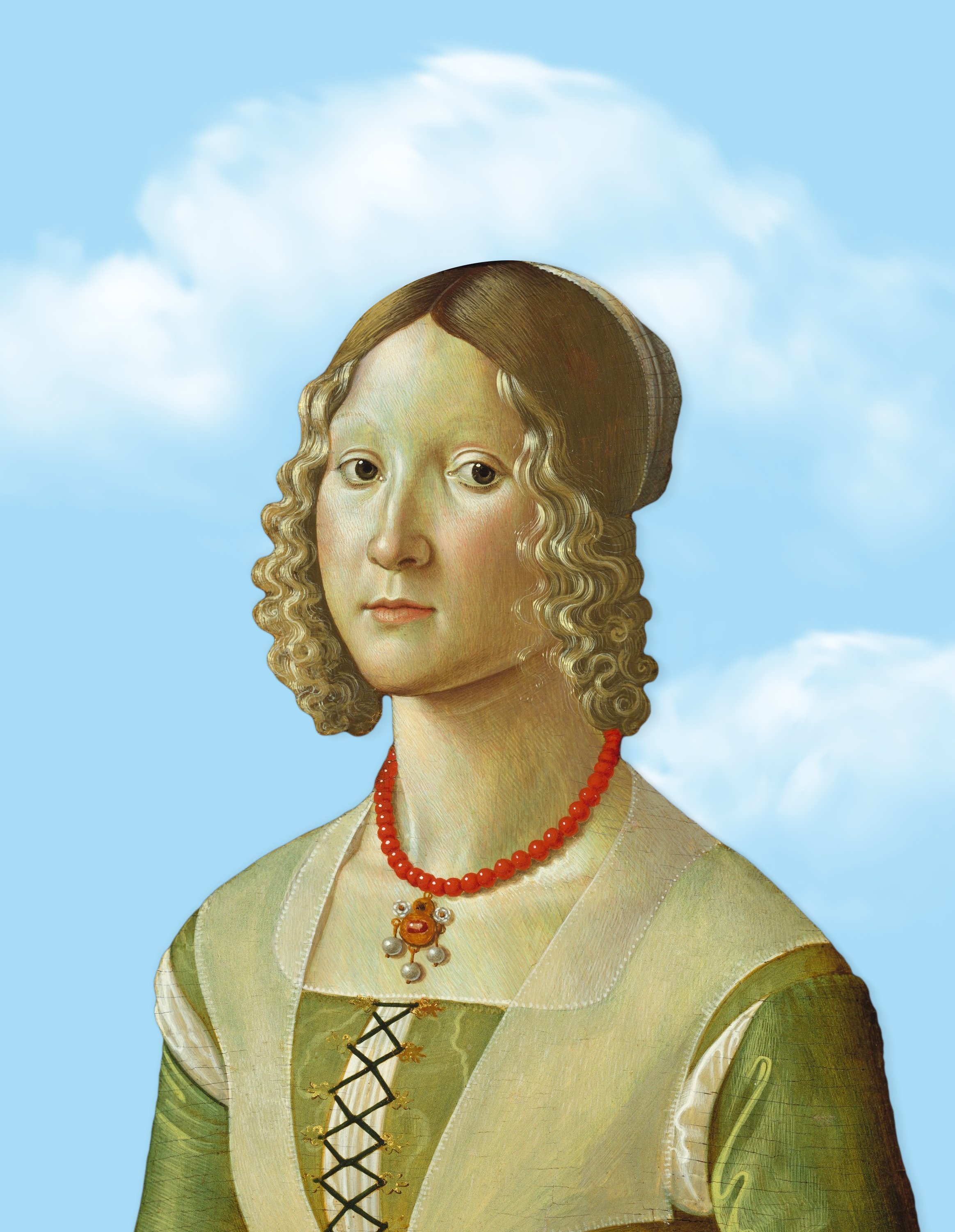  A playful mix of classical Italian art and modern techniques making a portrait of a woman on a sunny blue sky 