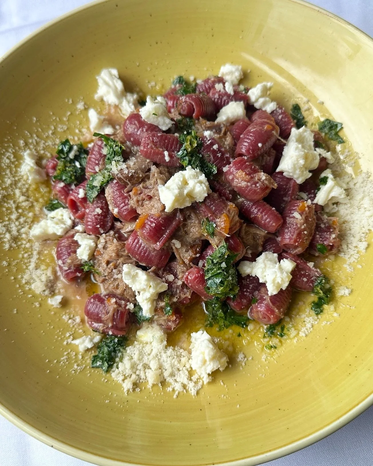 Beetroot Garganelli with braised lamb ragout, gremolata, ricotta salata. Now available from our Pasta Kit menu via  imaccheroniathome.com. Delivered within 24 hours. 

Link in bio to see the full menu.