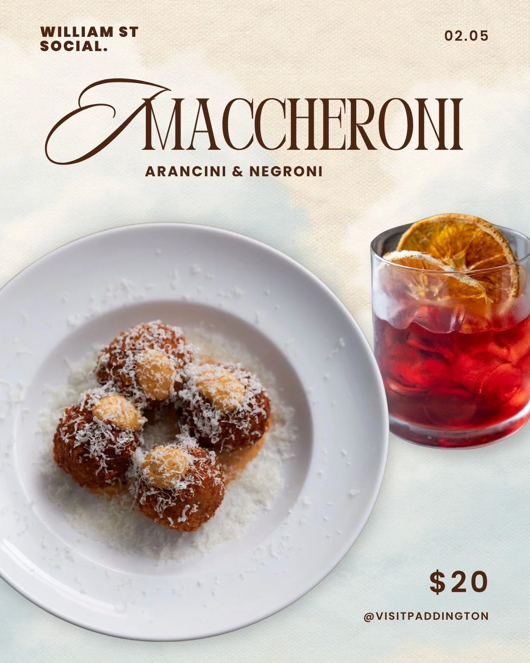 This Saturday, 02.05 we&rsquo;re part of William St Social 🍊 To celebrate, we&rsquo;re keeping it simple with $20 Arancini &amp; Negroni combo, all day.

Come by, grab a drink, something warm and crispy, and settle in. 

William St is coming to life
