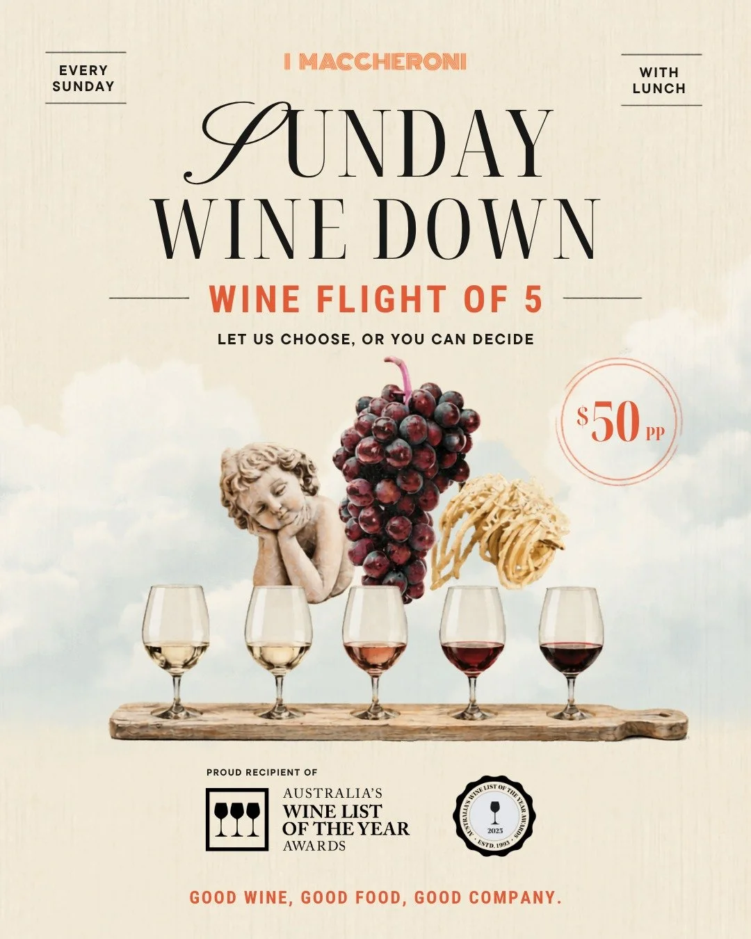 Introducing Sunday Wine Down at I Maccheroni &mdash; a relaxed, lunch time ritual built around great wine and even better company. 🍷

A curated flight of 5 wines designed to take you from light to bold (or wherever you feel like landing). Leave it i