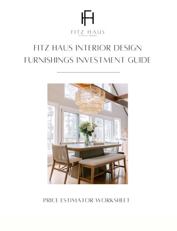 Interior design guide cover featuring a dining area with a wooden table, chairs, bench, and pendant light. Large windows and a vase with flowers on the table. Title: Fitz Haus Interior Design Furnishings Investment Guide.