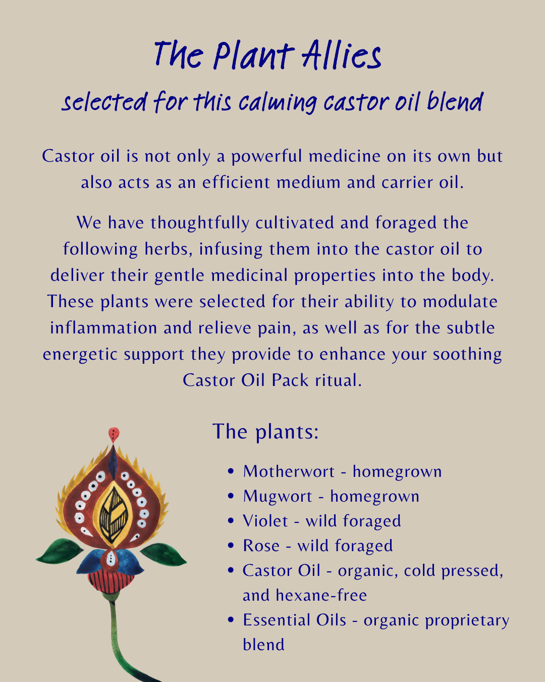 A poster describing the plant allies selected for a calming castor oil blend, including pictures of a flower with red, yellow, and black details, and listing herbs such as motherwort, mugwort, violet, rose, and oils like castor and essential oils.
