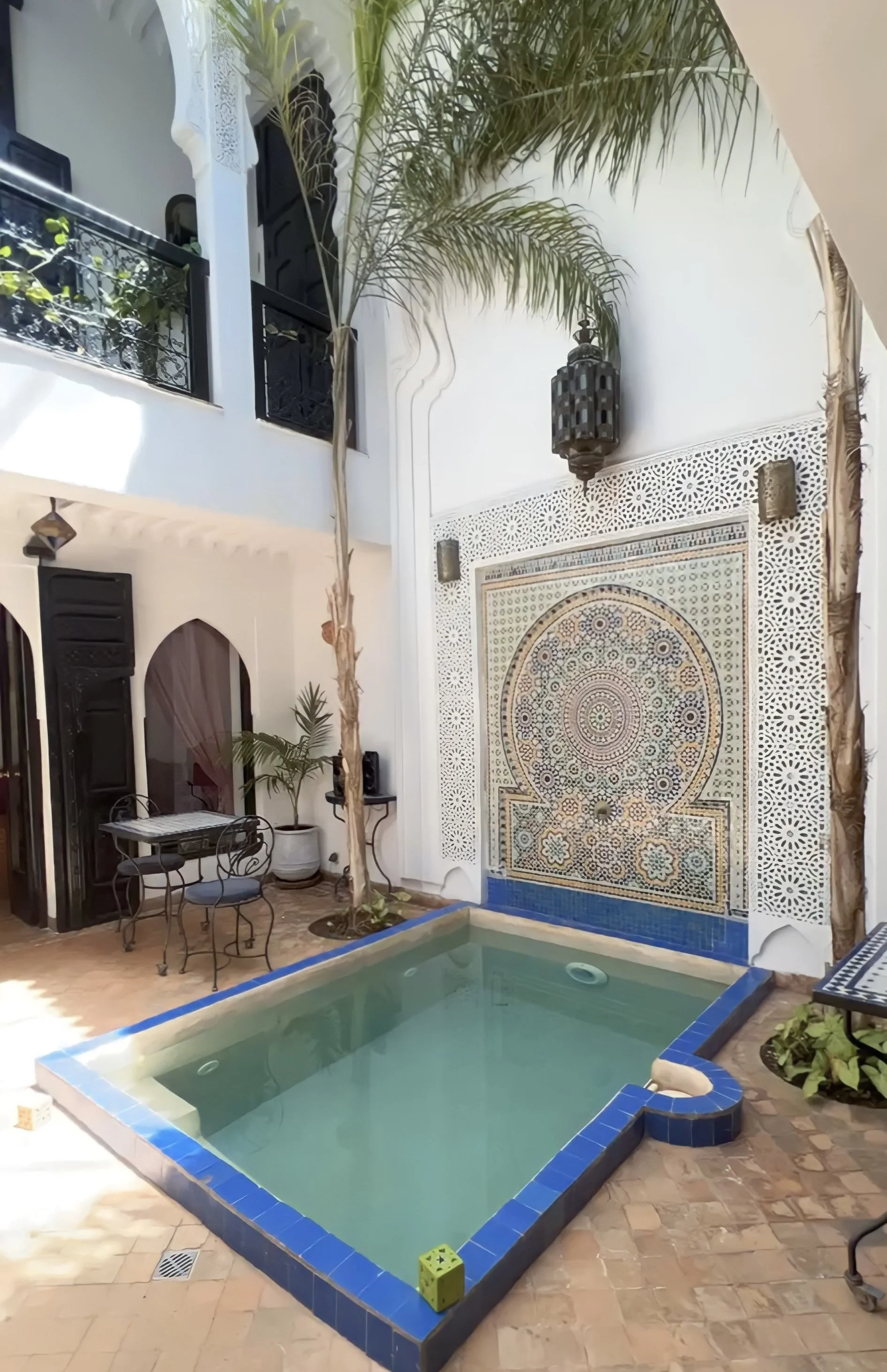 pool and palm tree next to ceramic wall in riad