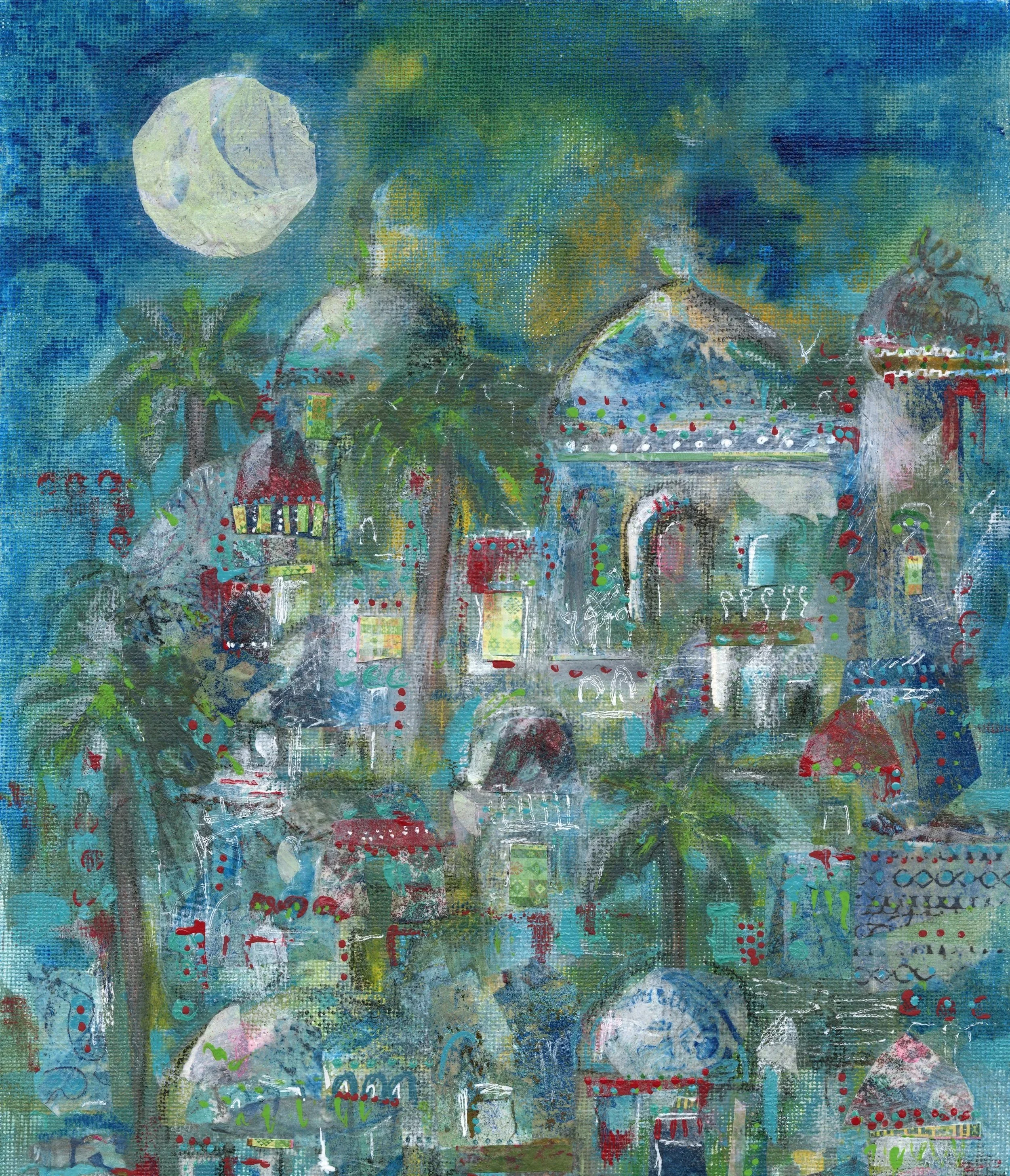"City on a Hill" by Samar Bayatti, hand-painted paper collage, hand-embellished giclee prints available