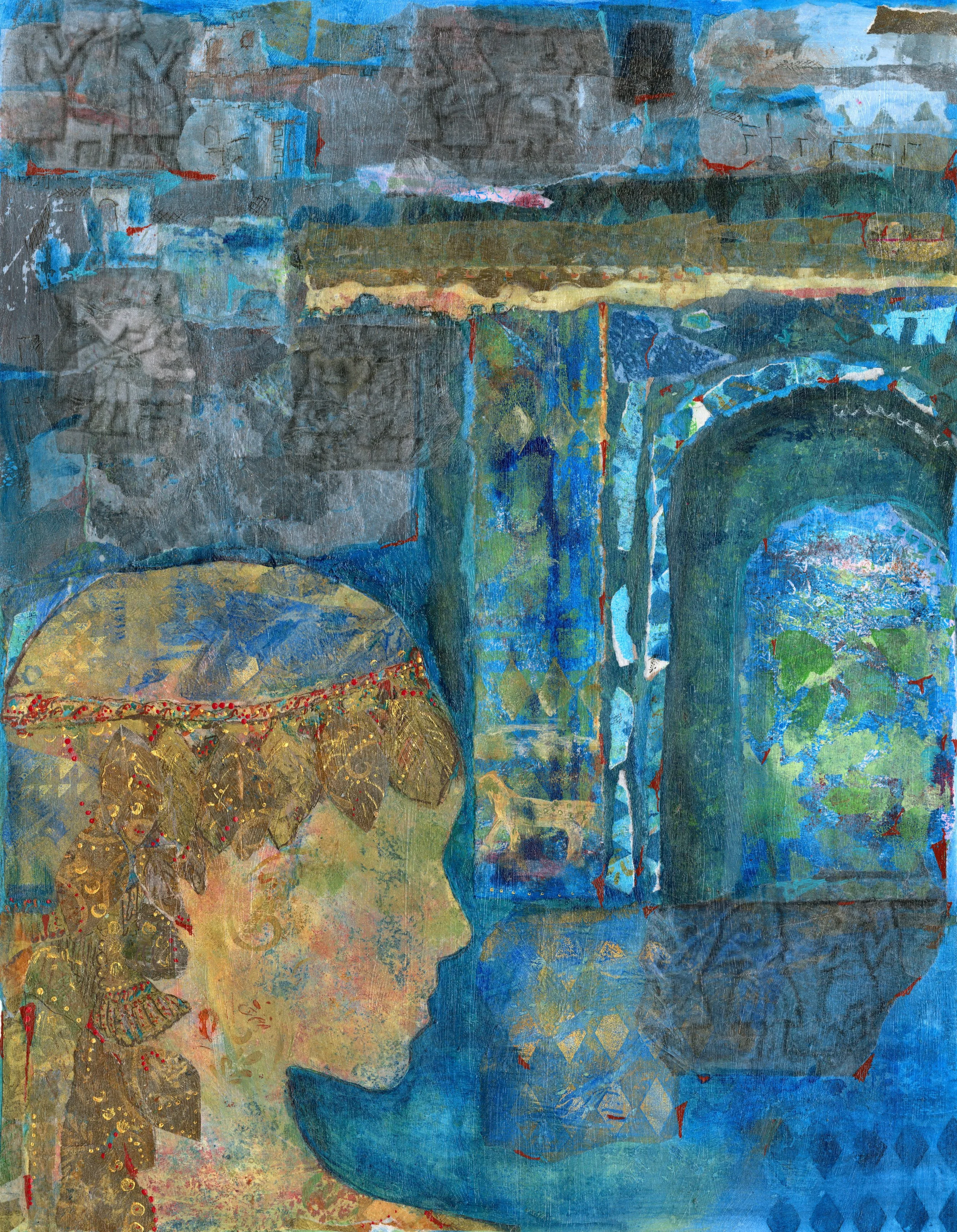 "Sumarian Princess in the Ruins" by Samar Bayatti, hand-painted paper collage, hand-embellished giclee prints available