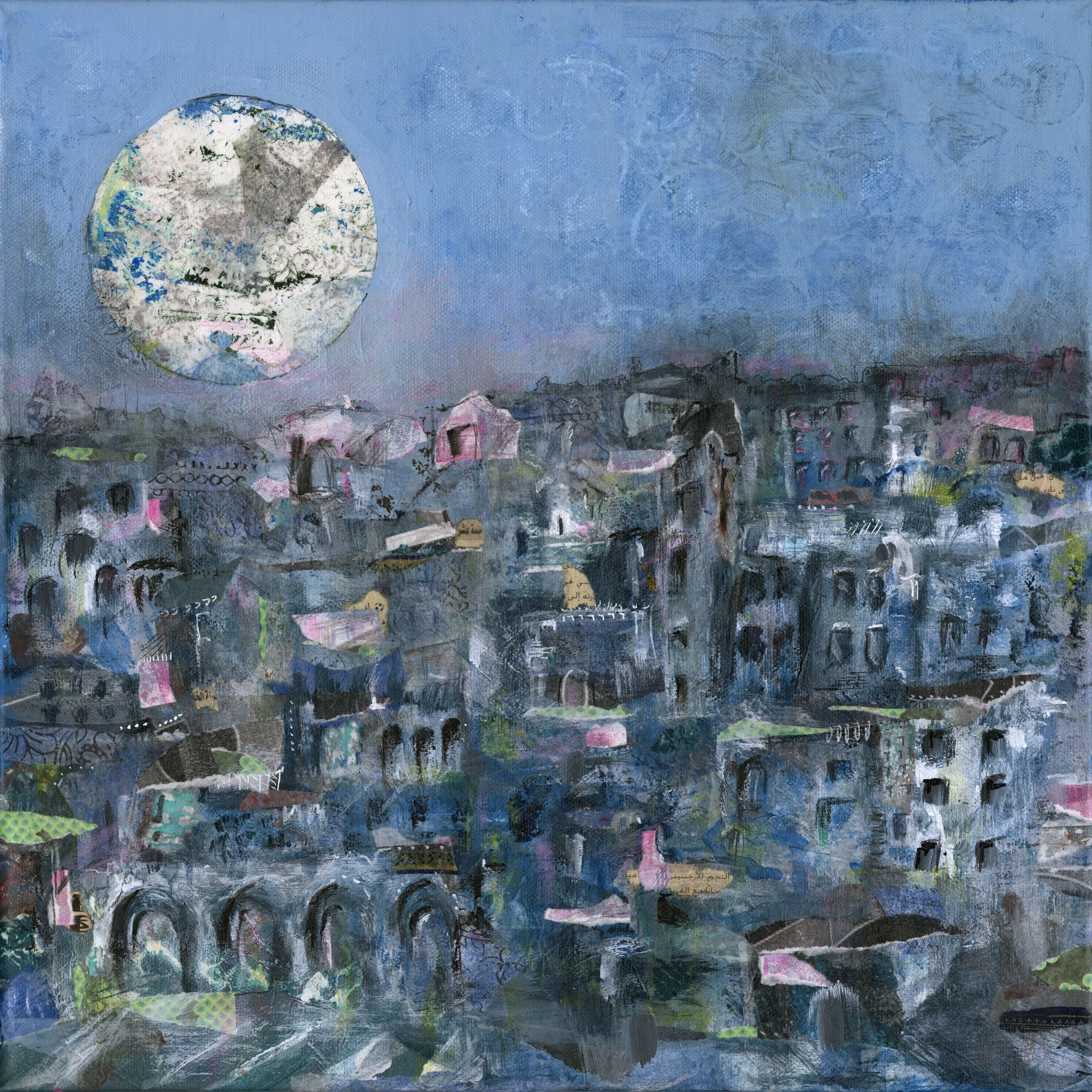 "City Moon" by Samar Bayatti, hand-painted paper collage, hand-embellished giclee prints available