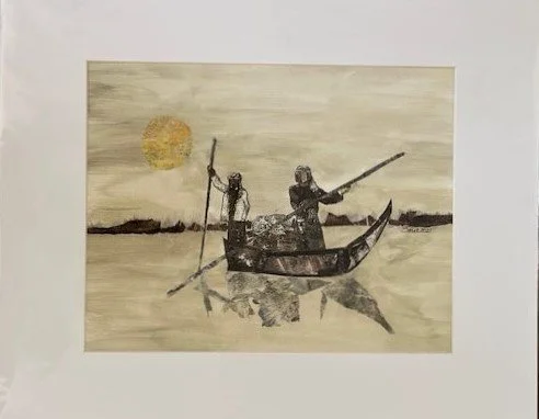 "Fishermen in the Daylight" by Samar Bayatti, hand-painted paper collage, hand-embellished giclee prints available
