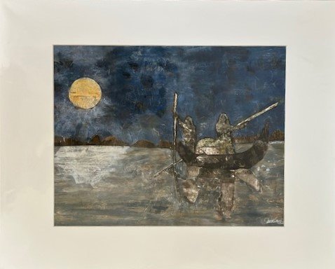 "Fishermen in the Moonlight" by Samar Bayatti, hand-painted paper collage, hand-embellished giclee prints available