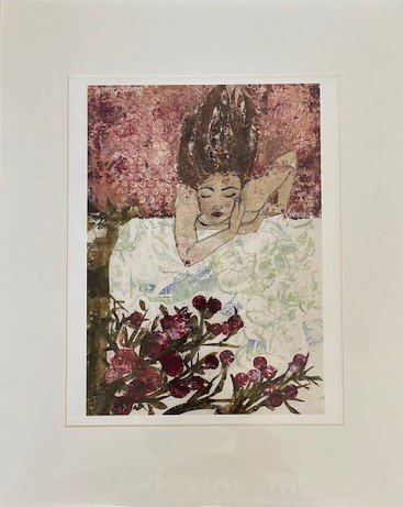 "Under the Pomegranate Tree" by Samar Bayatti, hand-painted paper collage, hand-embellished giclee prints available