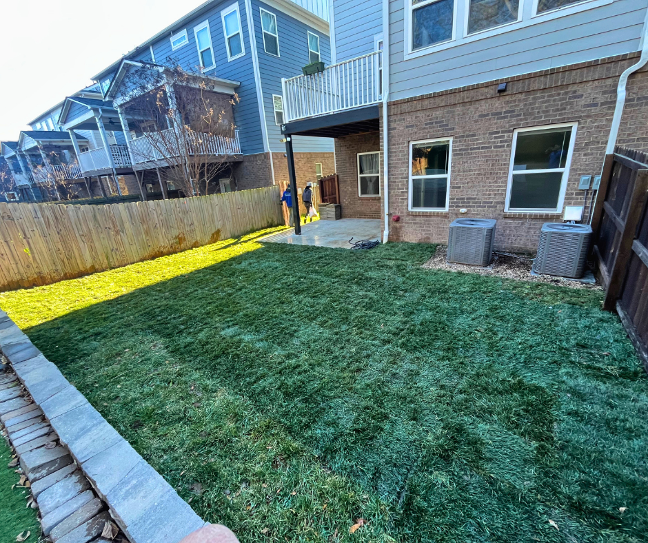 After photo showing a newly installed sod lawn covering the entire backyard, creating an even, green outdoor space