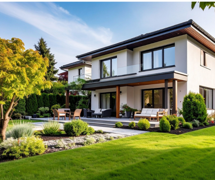 Two-story white house with large windows, a patio with outdoor seating, a green lawn, and landscaped garden beds with shrubs, grasses, rocks, and a small tree.