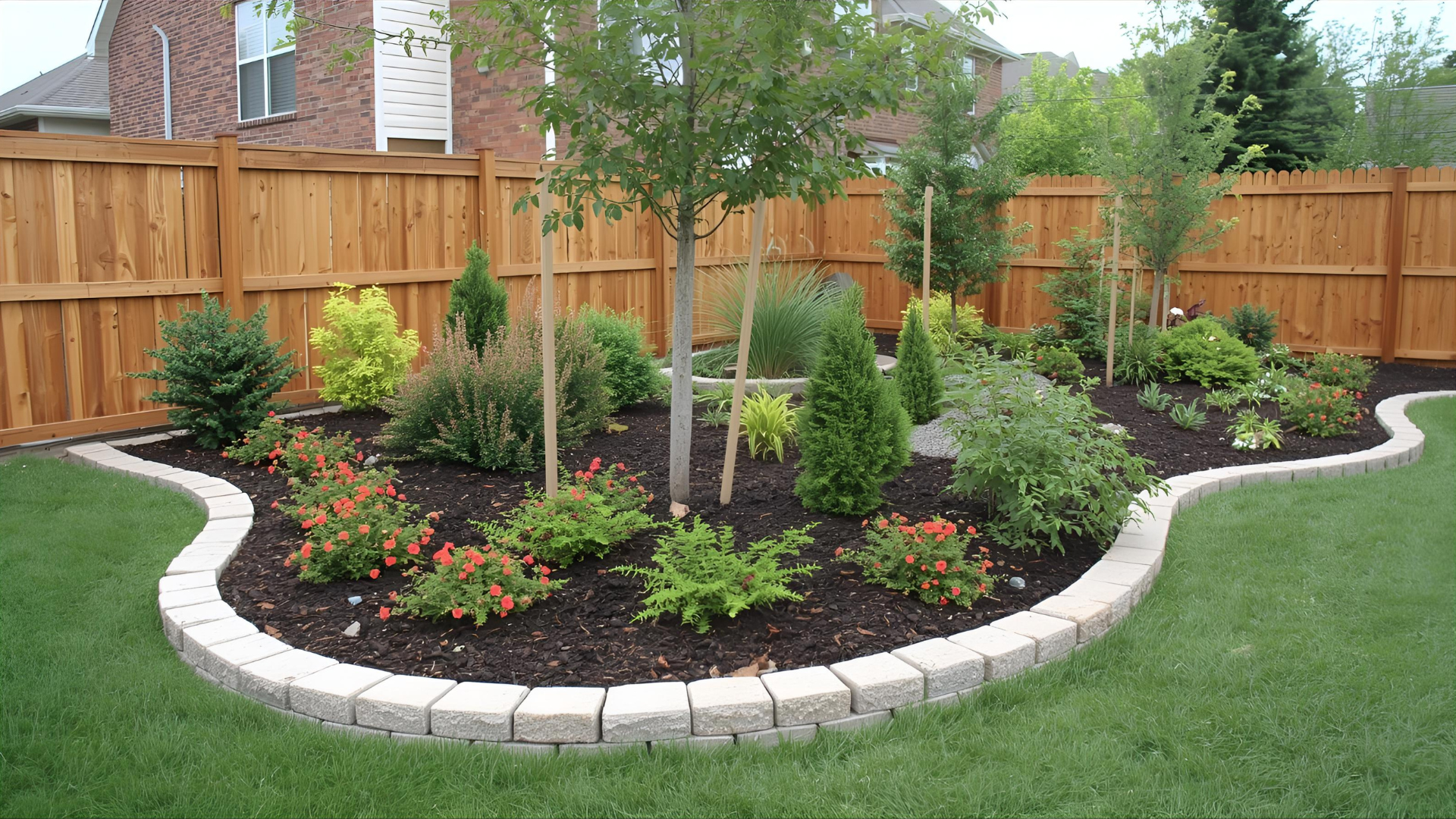 Curved garden bed with stone edging, dark mulch, and mixed shrubs and flowers in a backyard with a wooden privacy fence