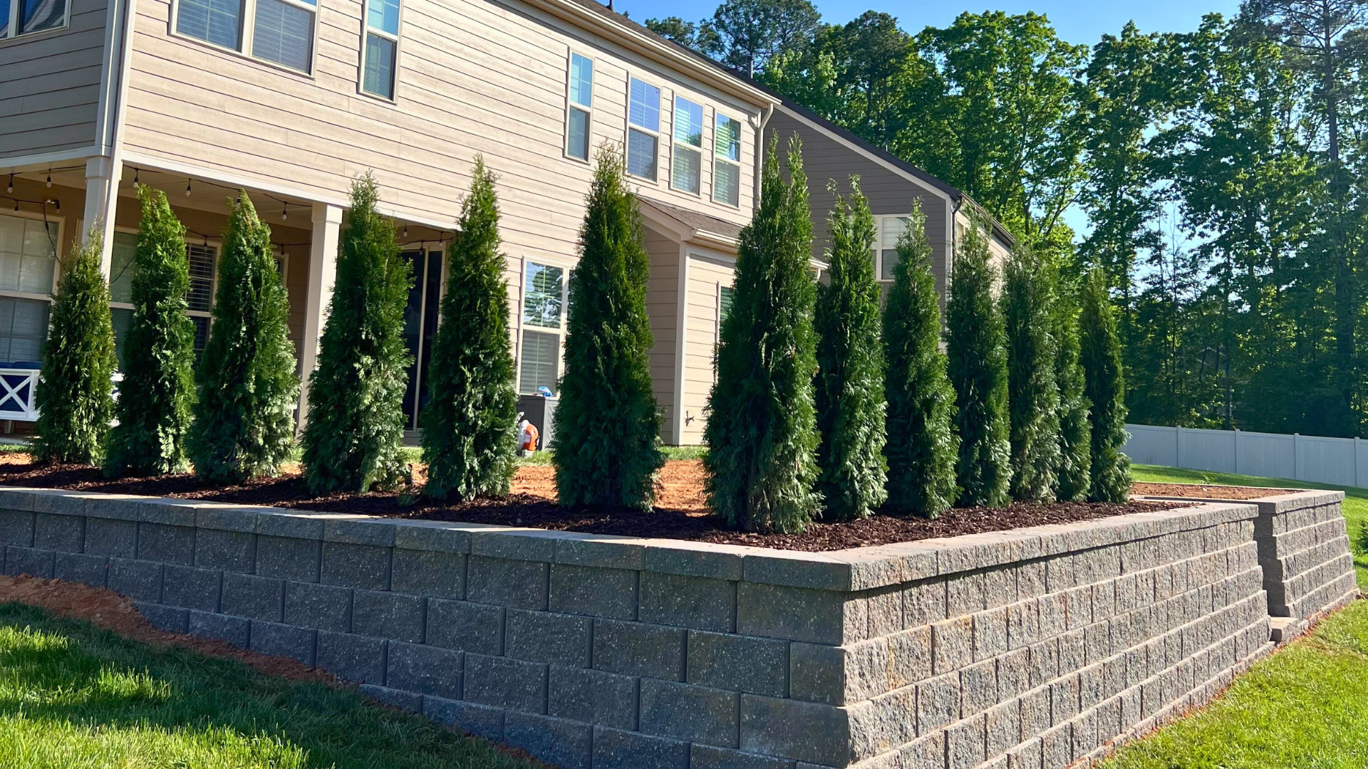 Newly planted tall evergreen shrubs lining a mulched landscape bed atop a large stone block retaining wall next to a beige two-story house
