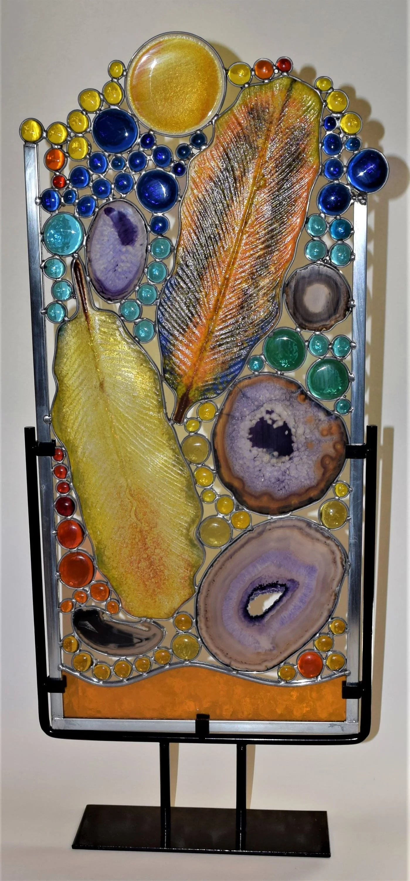 Stained glass standing panel with fused glass Feathers No. 2