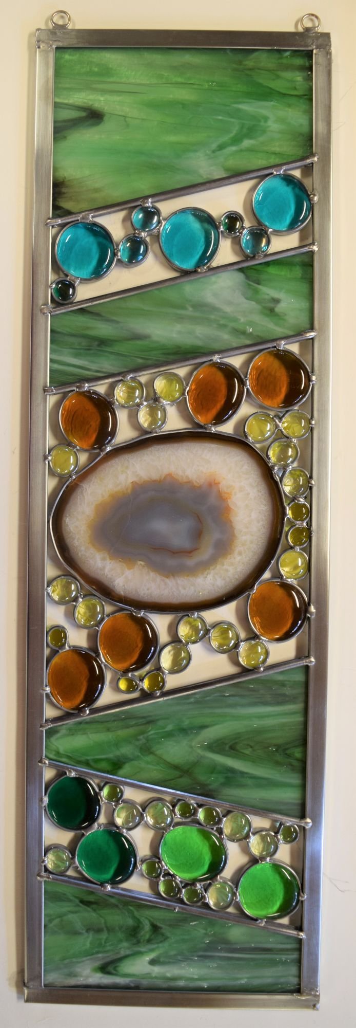 Stained glass panel with Brazilian agate. Color Strip in "mega" size.