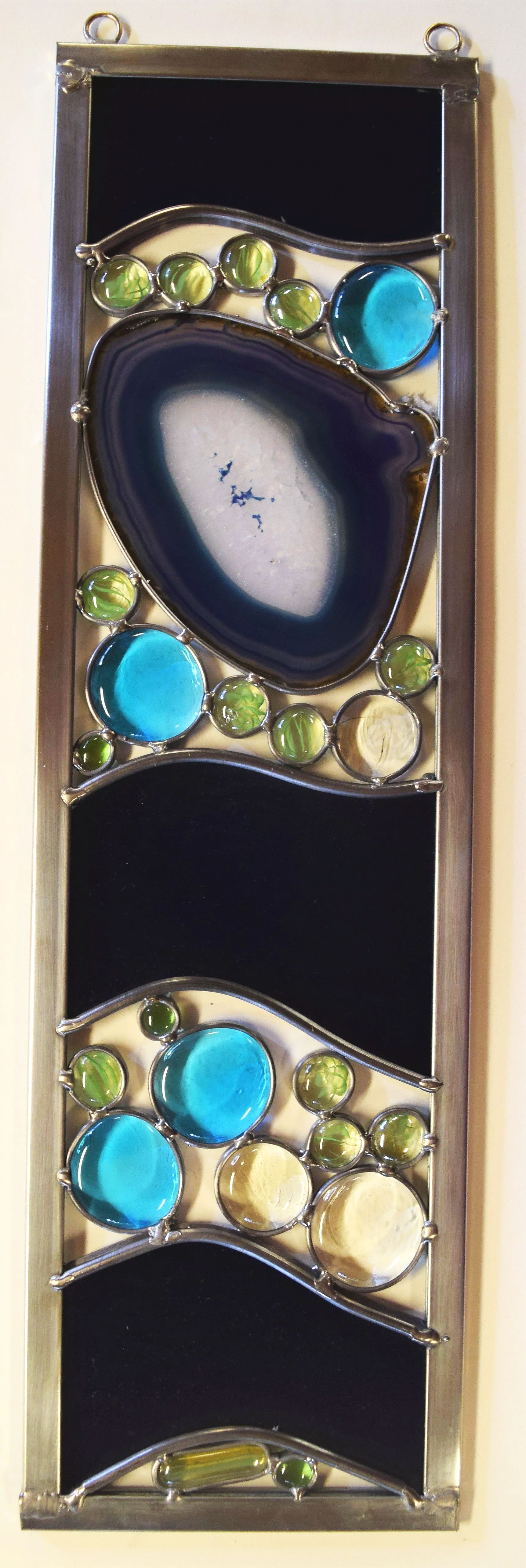 Stained glass panel with Brazilian agate. Color Strip in "mega" size.