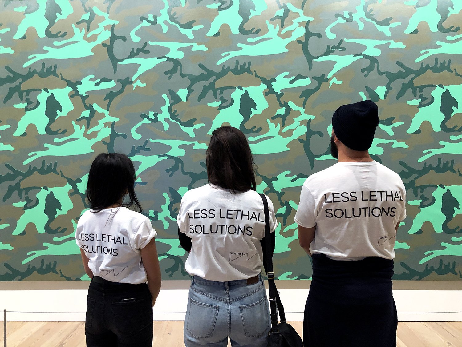   Less Lethal Solutions (Whitney Museum, NY, NY)  site-specific guerilla intervention, custom silkscreened t-shirt, photographic documentation 