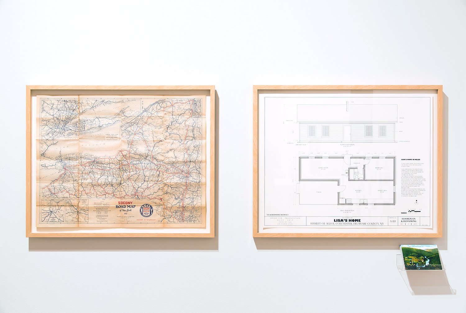   Agloe, NY (Lisa's Home) , Historical map, architectural drawing, postcards Approximately 30 x 62 inches Installation view detail,  Where Do We Stand? ,  The Drawing Center, NY, NY 