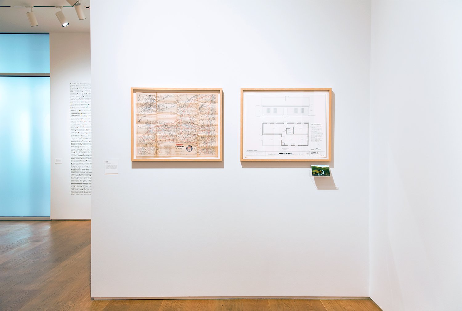  Agloe, NY (Lisa's Home) , Historical map, architectural drawing, postcards Approximately 30 x 62 inches Installation view,  Where Do We Stand? , The Drawing Center, NY, NY 