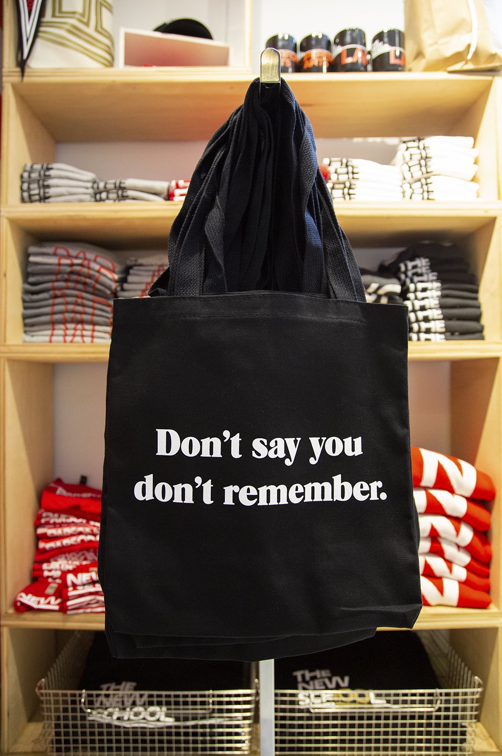   Rec-elections (Don’t say you don’t remember.),  2019 silk-screened tote bag 13 x 13.75 inches Installation view,  The Historical Present , The New School, NY, NY 