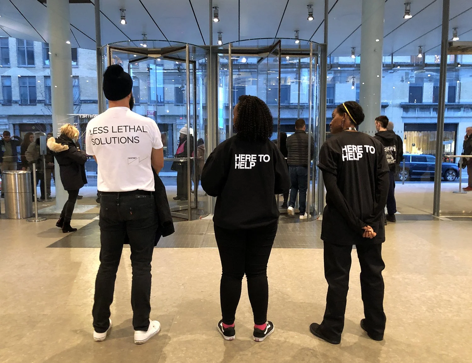   Less Lethal Solutions (Whitney Museum, NY, NY)  site-specific guerilla intervention, custom silkscreened t-shirt, photographic documentation 