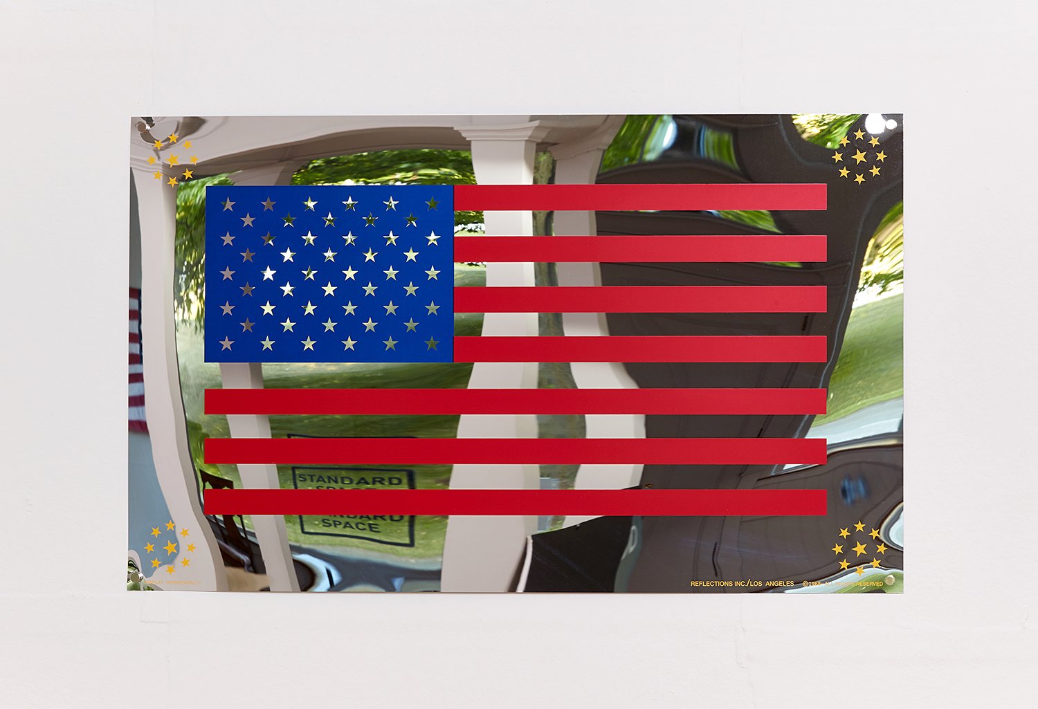   Rec-elections (This is America),  2020 silkscreen on mirrored mylar 15 x 24.5 inches Installation view, Standard Space Gallery, Sharon, CT 
