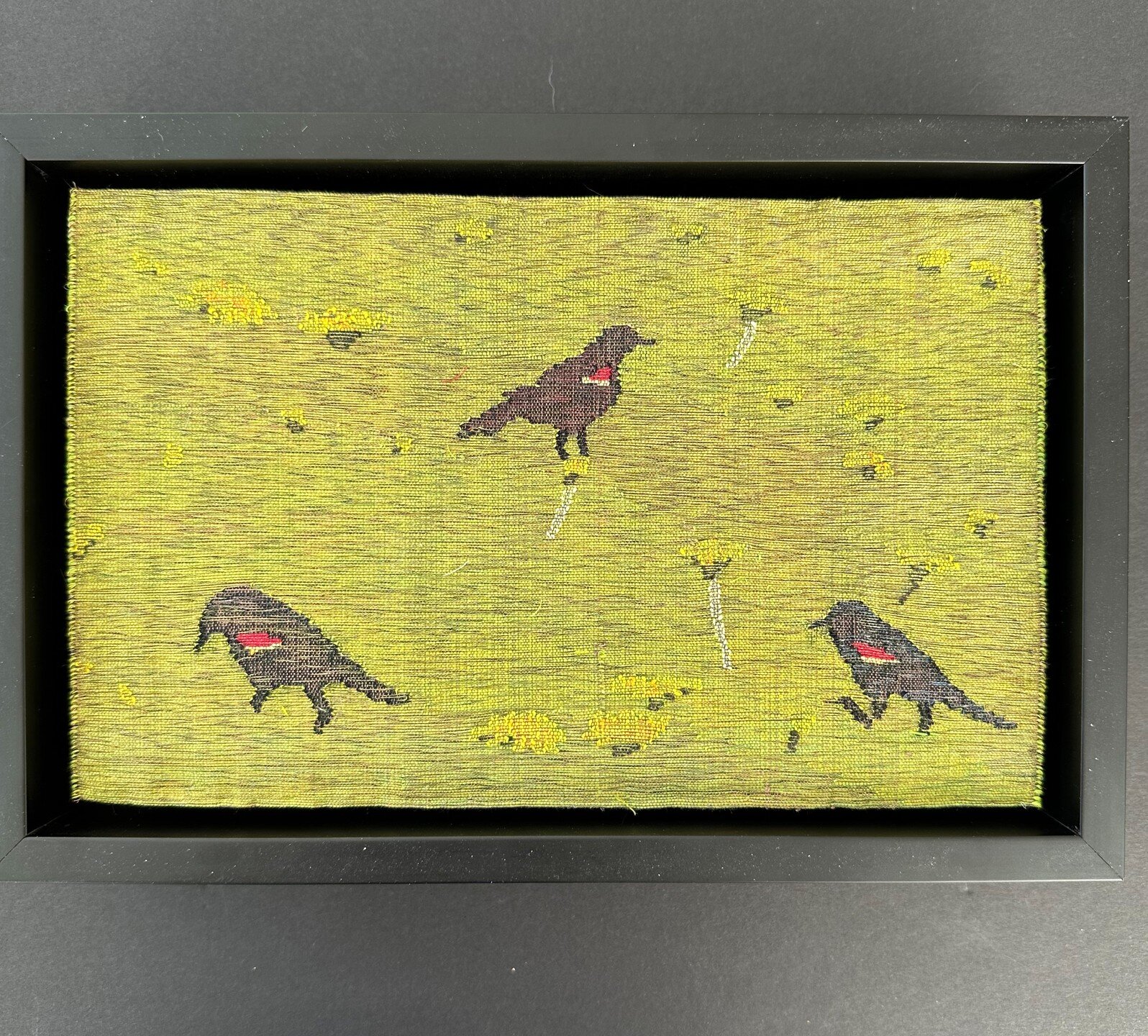Good Morning! I hope that everyone was able to find some moments of peace and tranquility during their week :D 

The red winged black birds are finished and, thanks to @bmclaughlin999, beautifully framed 😃 The warp for this piece has finally reached