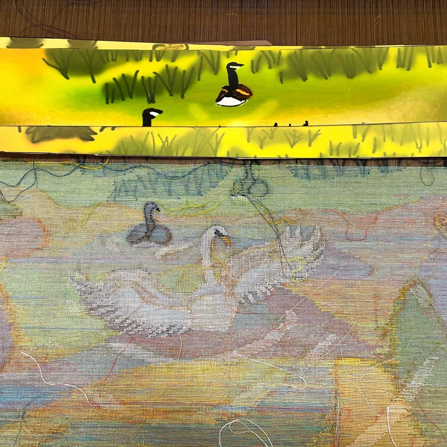 Yay! for swans! I've had so much fun weaving these birds, but I confess that I'm relieved to be almost out of the mid-section of this piece. The remaining weaving should be much easier since it is in the distance and, as such, low on detail and high 