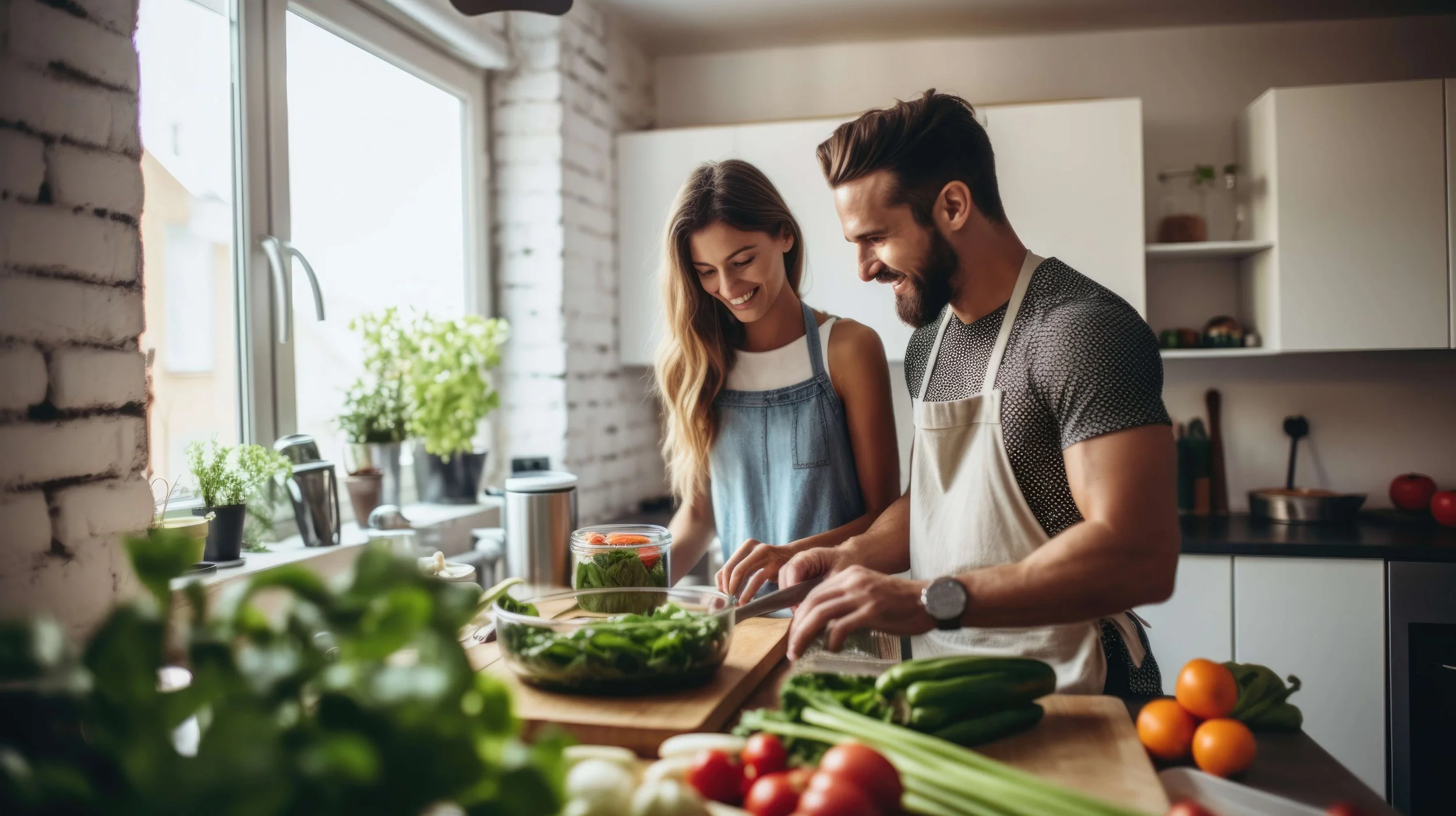 A man and woman preparing and cooking a delicious  meal in their kitchen at home