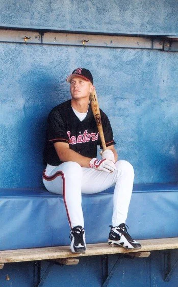 BLUM GEOFF 1998 Harrisburg dugout posed w bat.jpg