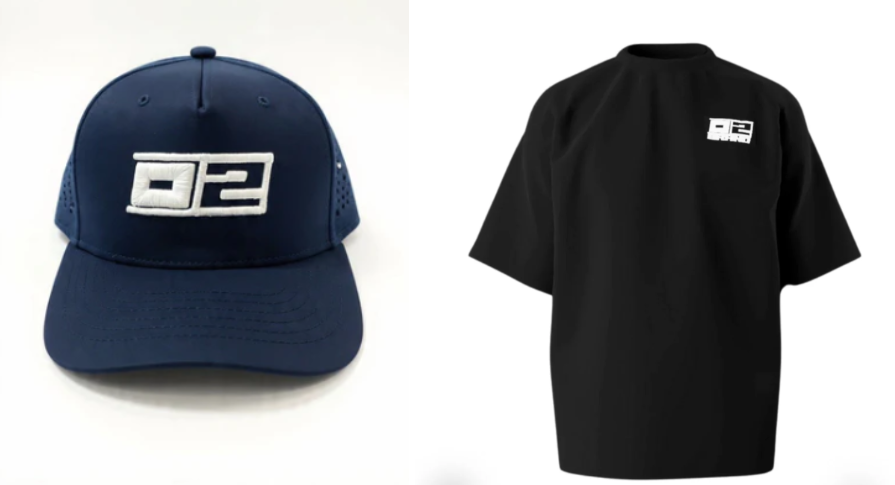 The 0-2 Brand™ Hydro Golf Hat Navy with White Logo (Left) and the Stay Locked In Tee Black with white breast logo(Right)
