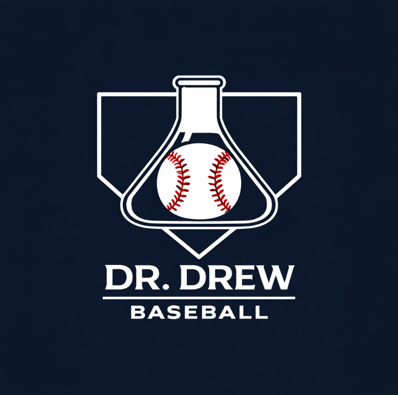 Dr. Drew Baseball logo. An image of home plate, with a science beaker, with a baseball.