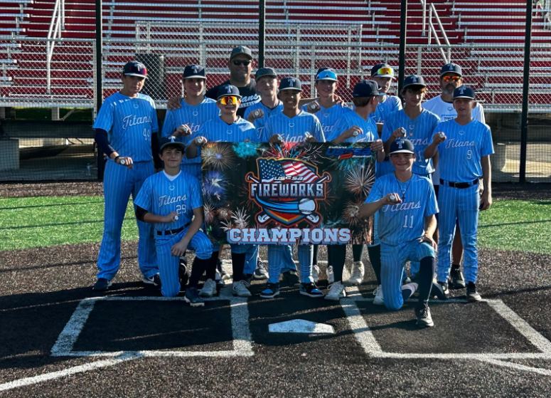 Dr. Drew's 2024 Championship Team. They are wearing light blue jerseys with white pinstripes.