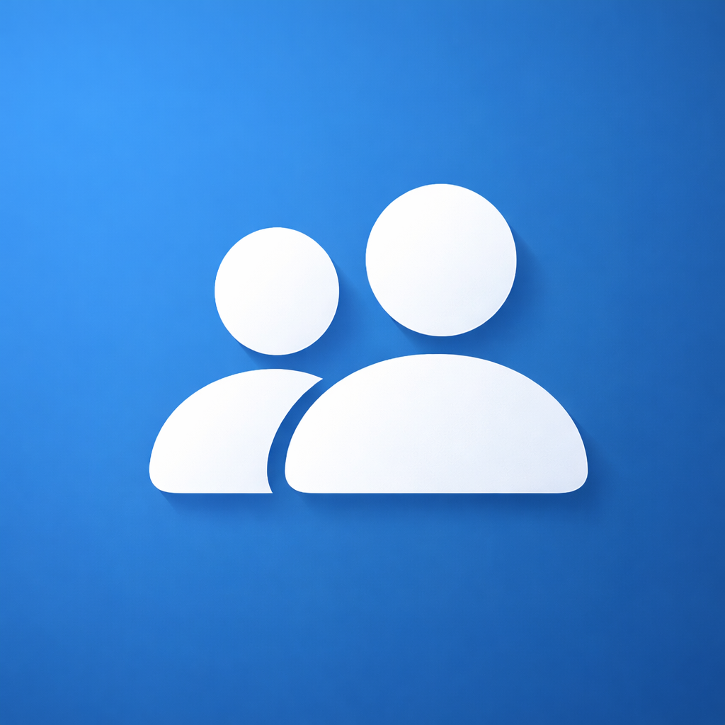 Icon of two stylized human figures, representing a group or social connection, on a blue gradient background.